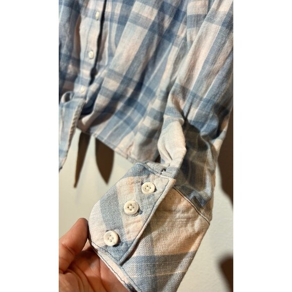 Anthropologie Cloth & Stone Women’s Blouse XS Blue Pink Plaid Tie-Front Crop - Picture 10 of 10